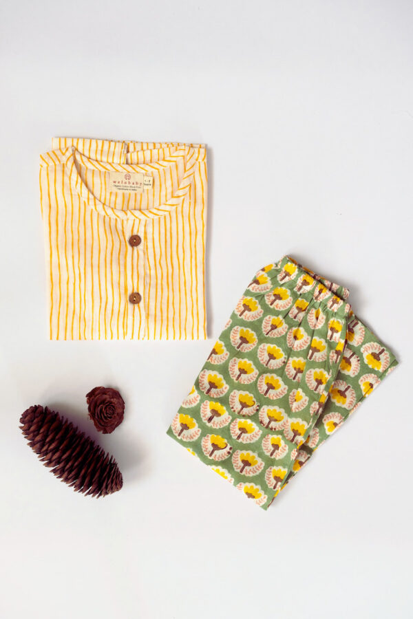 Yellow buta/orange stripes - Organic Cotton PJ Set